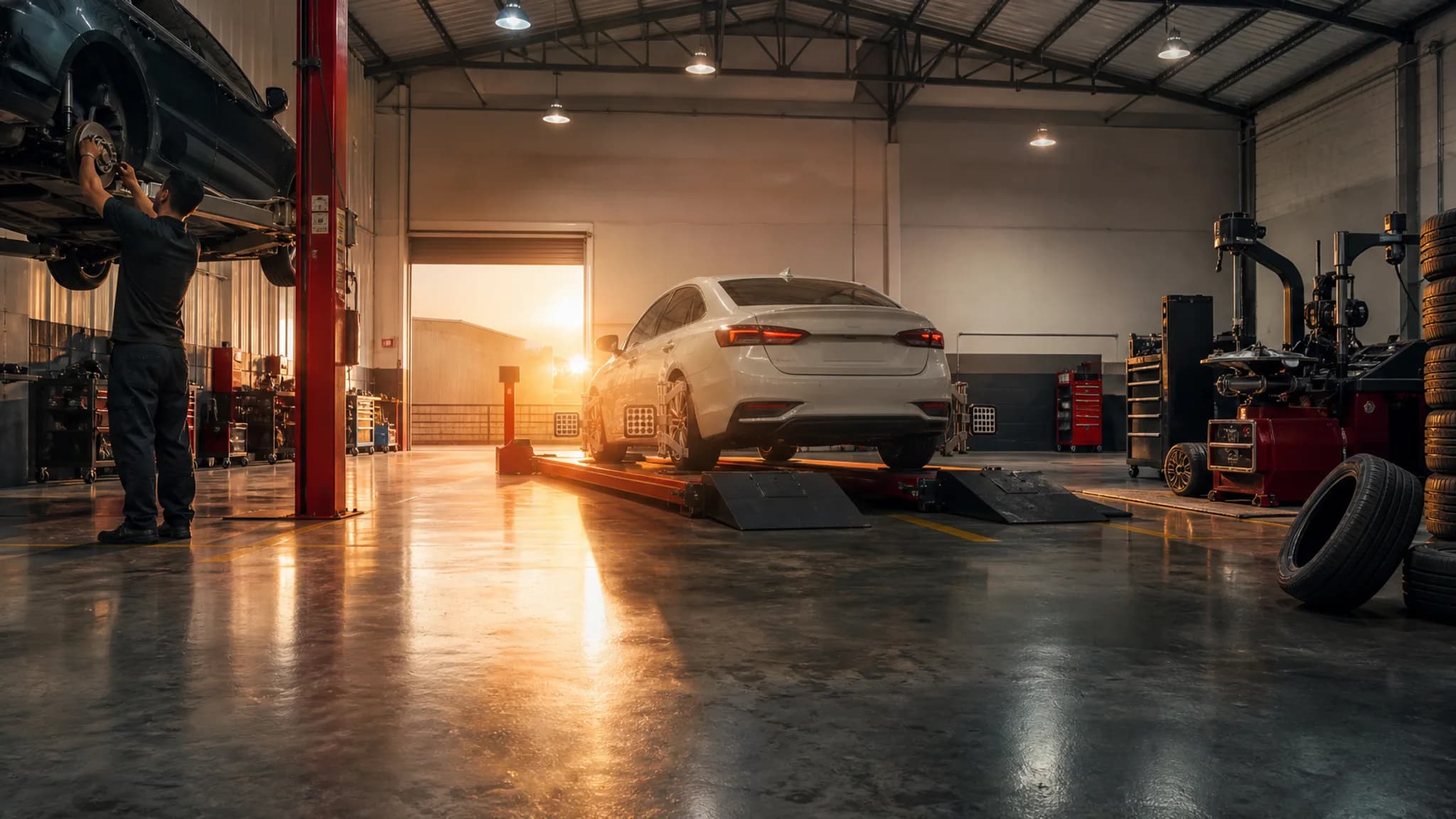 Auto center completo: carro no alinhador, veículo no elevador e área de borracharia no mesmo salão